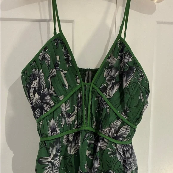 Anthropologie Green and White Floral V Neck Halter Midi Dress - Picture 6 of 10